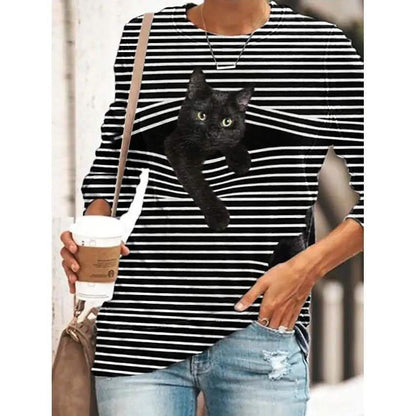 Women's Halloween Tunic T shirt Striped Cat 3D Cartoon Long Sleeve Print Round Neck DailySale