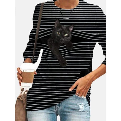Women's Halloween Tunic T shirt Striped Cat 3D Cartoon Long Sleeve Print Round Neck DailySale