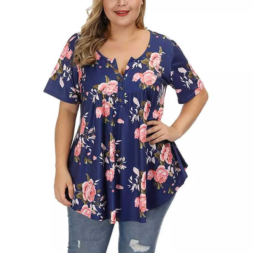 Women's Henley Shirts Floral Tunic Tops Short Sleeve Blouses DailySale