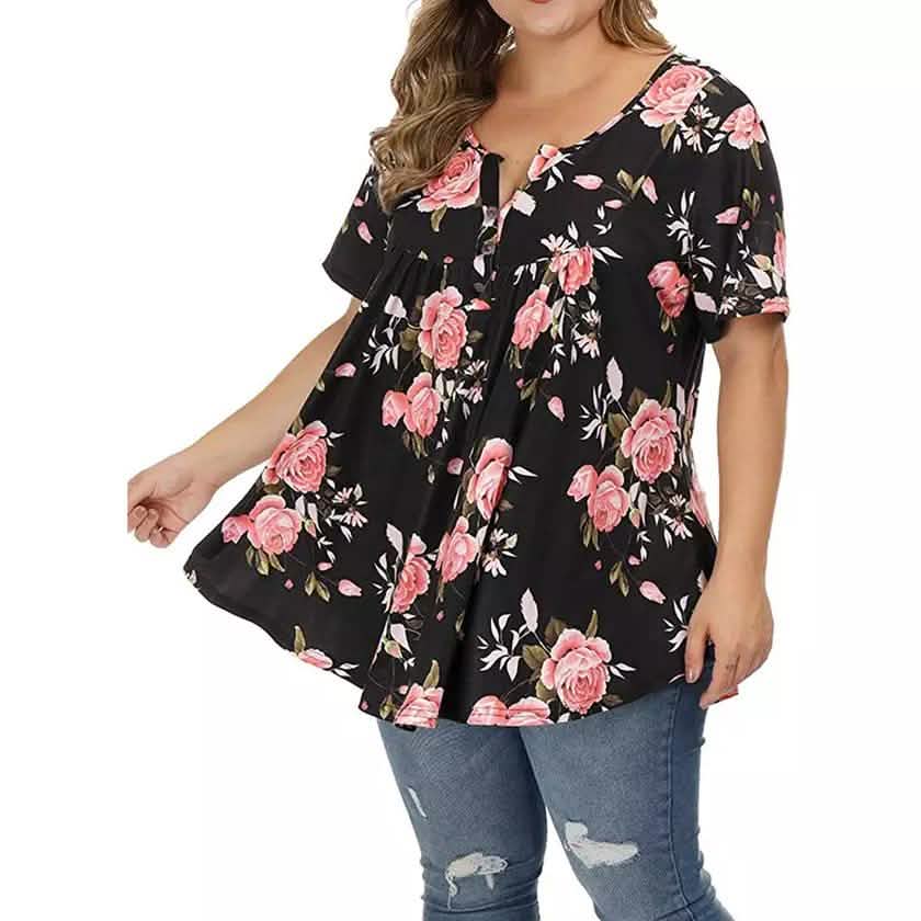 Women's Henley Shirts Floral Tunic Tops Short Sleeve Blouses DailySale