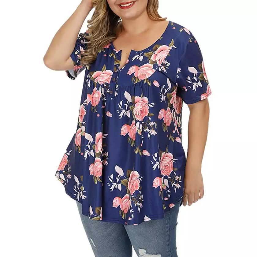 Women's Henley Shirts Floral Tunic Tops Short Sleeve Blouses DailySale