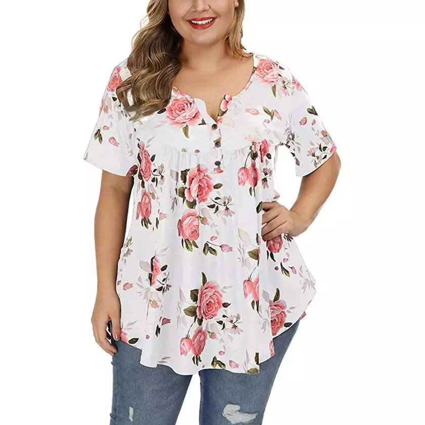 Women's Henley Shirts Floral Tunic Tops Short Sleeve Blouses DailySale
