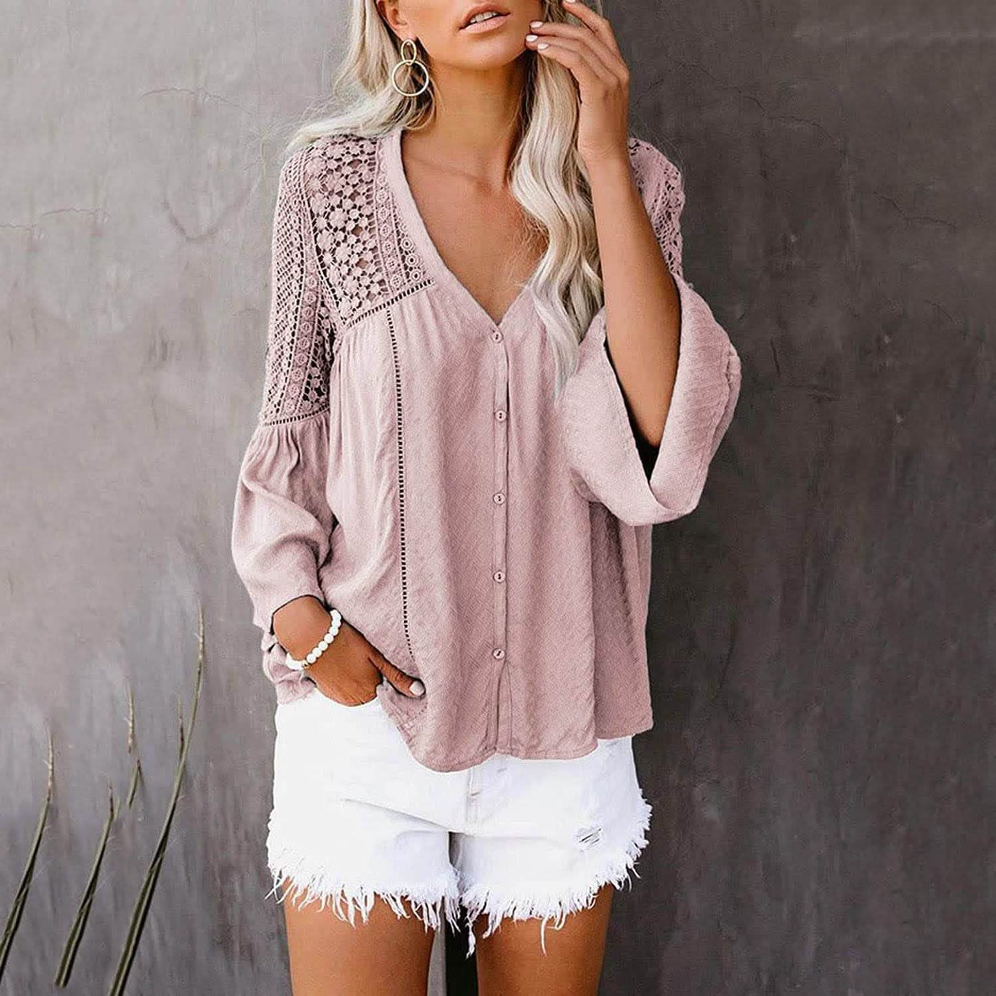 Women's Lace Crochet V Neck 3/4 Sleeve Button Down Blouses Casual Shirts Tops DailySale