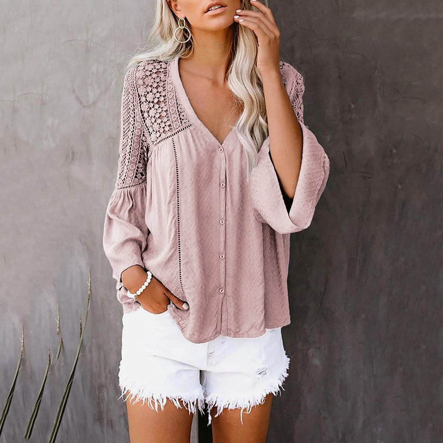 Women's Lace Crochet V Neck 3/4 Sleeve Button Down Blouses Casual Shirts Tops DailySale