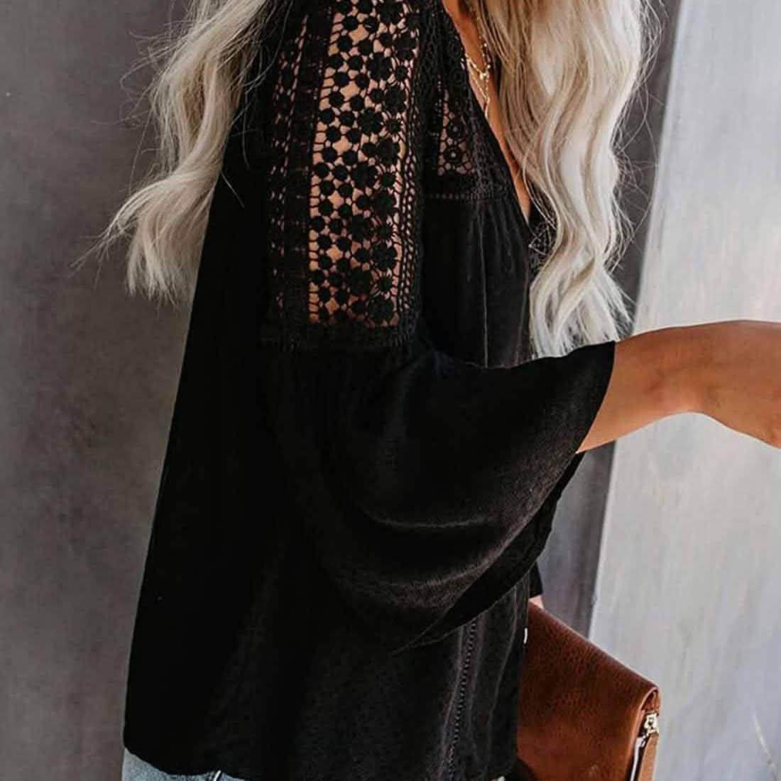 Women's Lace Crochet V Neck 3/4 Sleeve Button Down Blouses Casual Shirts Tops DailySale