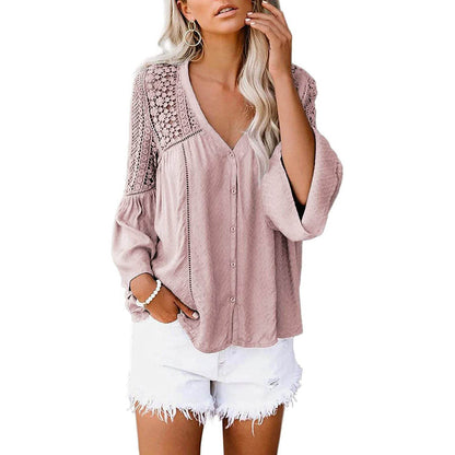 Women's Lace Crochet V Neck 3/4 Sleeve Button Down Blouses Casual Shirts Tops DailySale