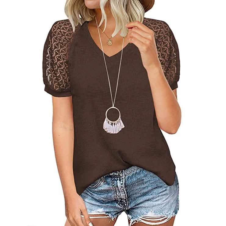 Women's Lace Short Sleeve V-Neck Top DailySale
