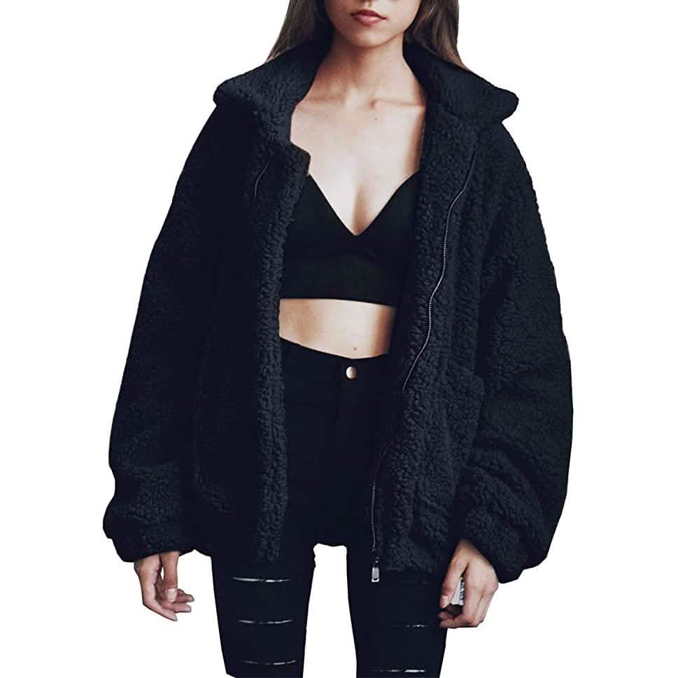 Women's Lapel Zip Up Faux Shearling Shaggy Coat Jacket DailySale