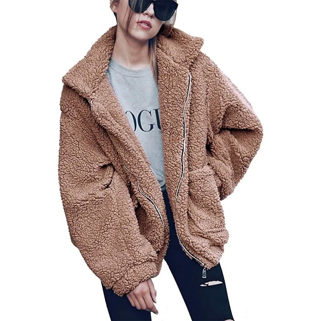 Women's Lapel Zip Up Faux Shearling Shaggy Coat Jacket DailySale