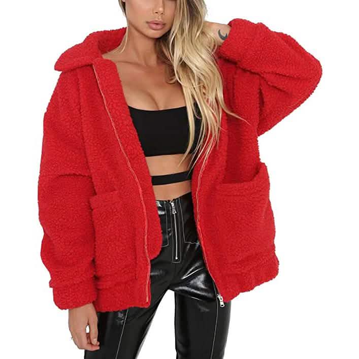 Women's Lapel Zip Up Faux Shearling Shaggy Coat Jacket DailySale