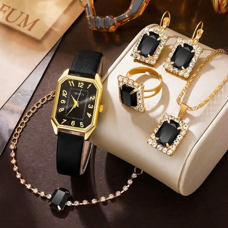 Women's Leather Wrist Watch, Earrings, Bracelet, Necklace and Ring Jewelry Set DailySale