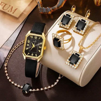 Women's Leather Wrist Watch, Earrings, Bracelet, Necklace and Ring Jewelry Set DailySale