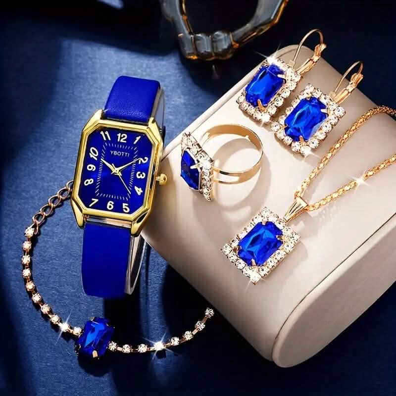 Women's Leather Wrist Watch, Earrings, Bracelet, Necklace and Ring Jewelry Set DailySale