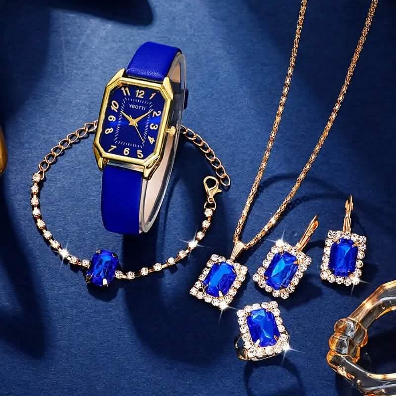 Women's Leather Wrist Watch, Earrings, Bracelet, Necklace and Ring Jewelry Set DailySale
