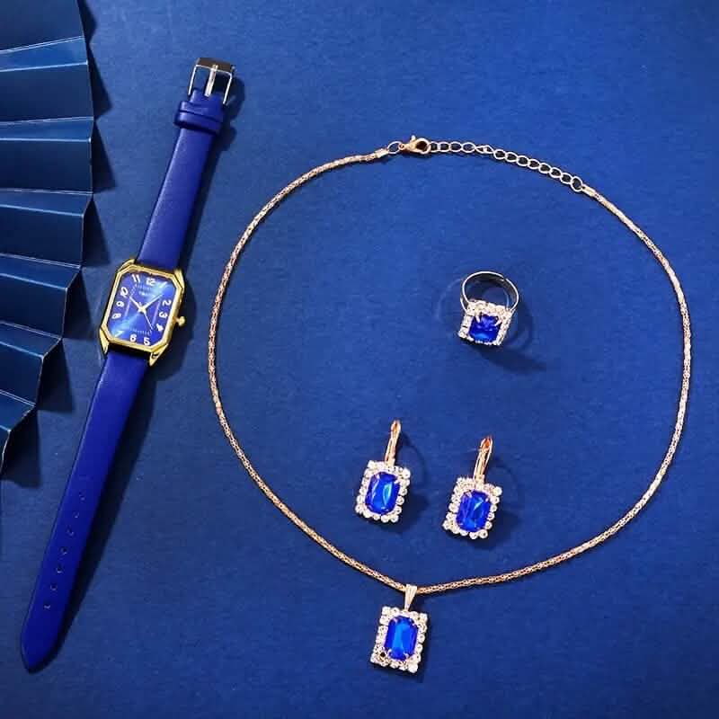 Women's Leather Wrist Watch, Earrings, Bracelet, Necklace and Ring Jewelry Set DailySale