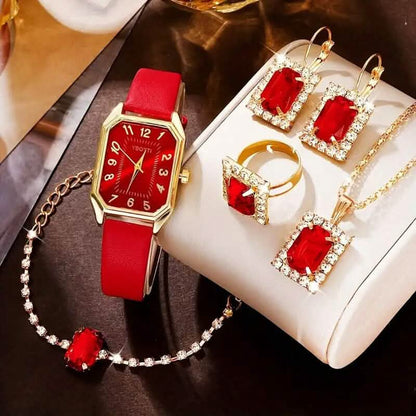 Women's Leather Wrist Watch, Earrings, Bracelet, Necklace and Ring Jewelry Set DailySale