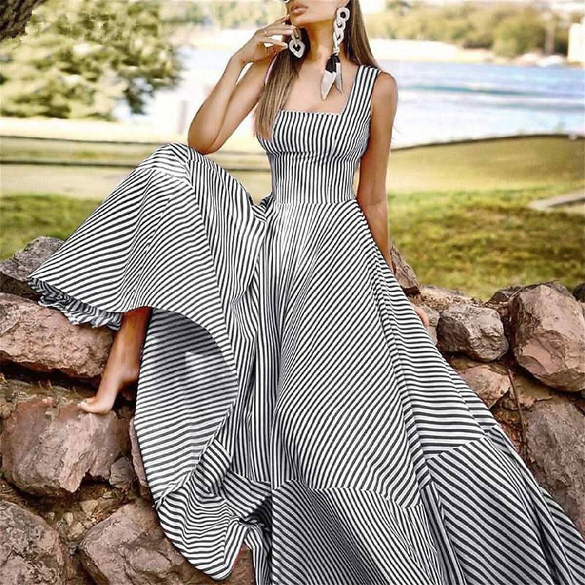 Women's Long A Line Striped Maxi Dress DailySale