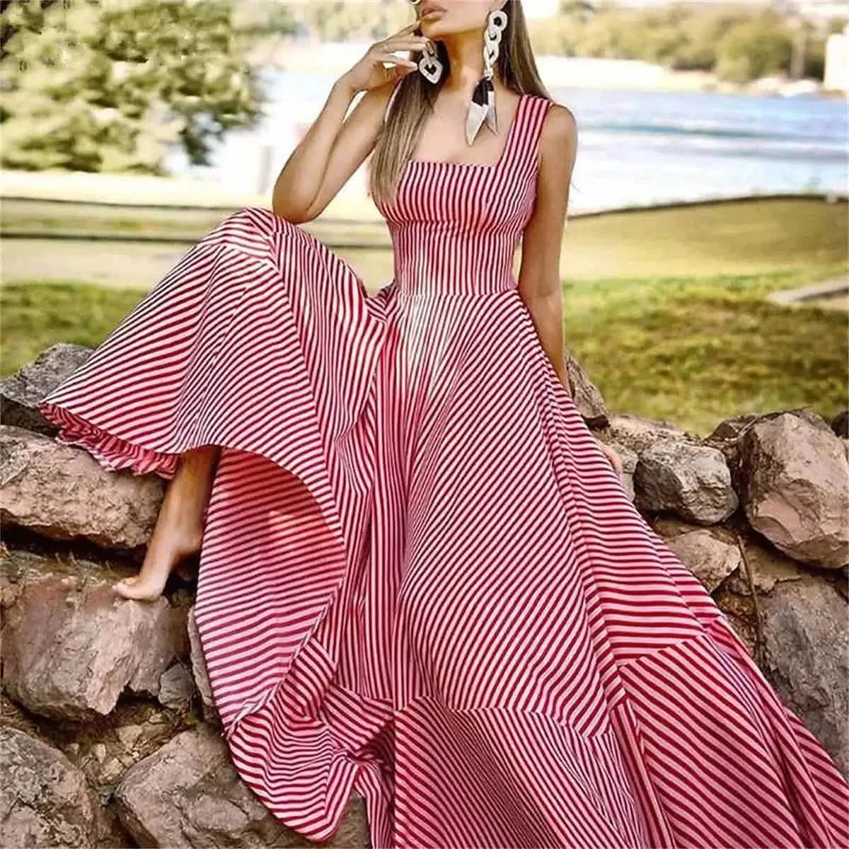 Women's Long A Line Striped Maxi Dress DailySale