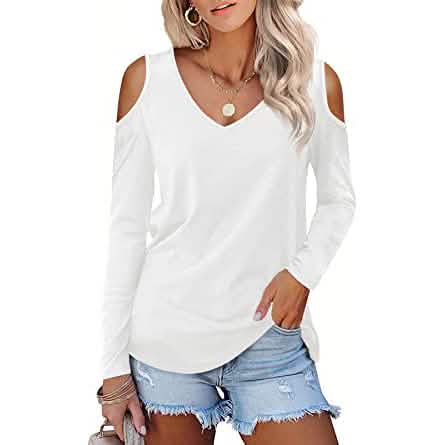 Womens Long Sleeve Cold Shoulder Basic Tee Tops Shirts DailySale