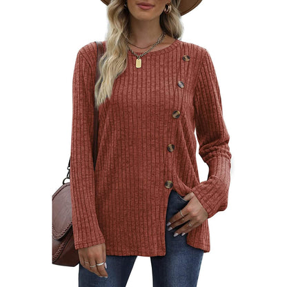 Women's Long Sleeve Crew Neck Tunic Tops Buttons Side DailySale