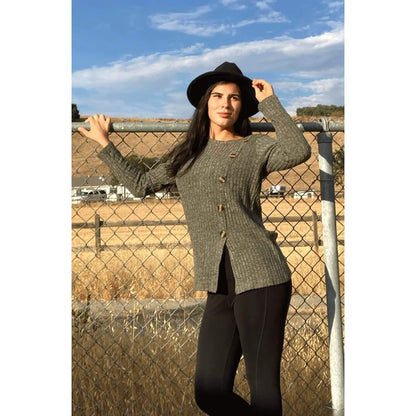 Women's Long Sleeve Crew Neck Tunic Tops Buttons Side DailySale