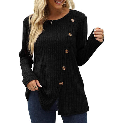 Women's Long Sleeve Crew Neck Tunic Tops Buttons Side DailySale