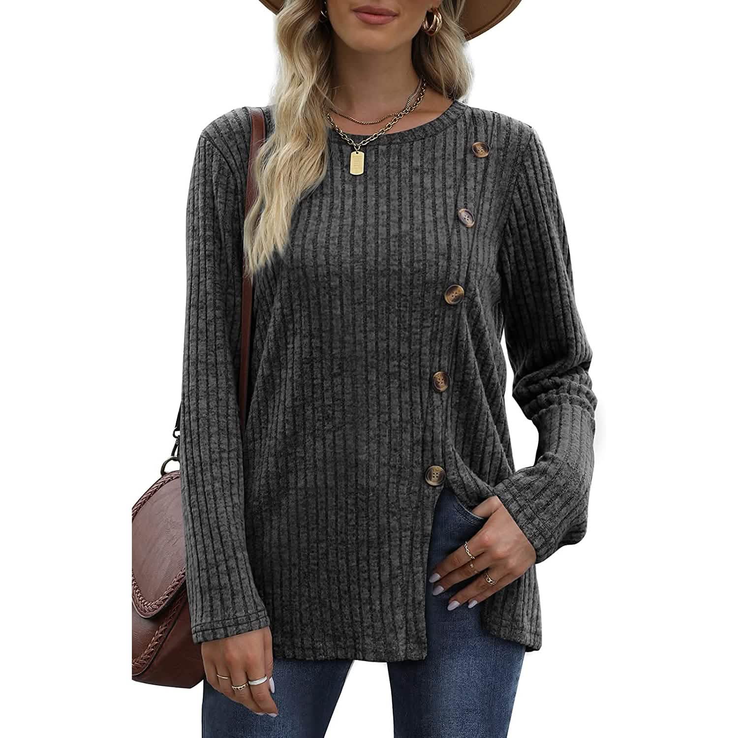 Women's Long Sleeve Crew Neck Tunic Tops Buttons Side DailySale