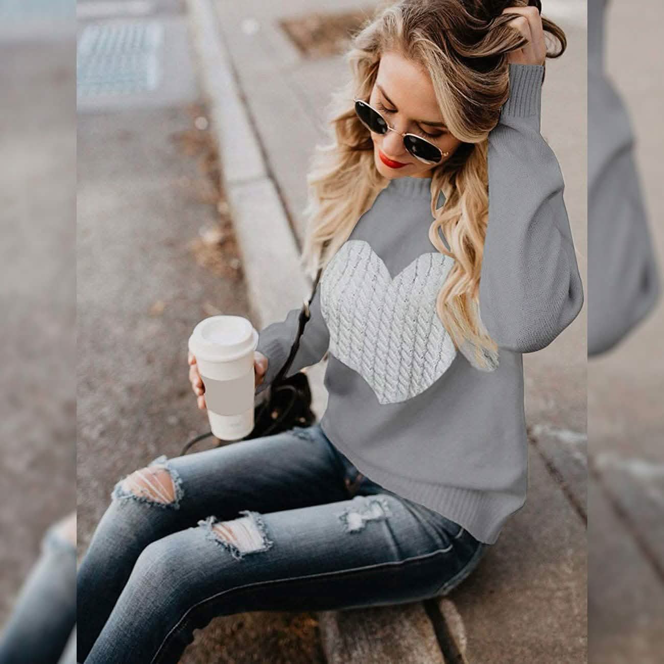 Women's Long Sleeve Crewneck Cute Heart Knitted Sweaters DailySale