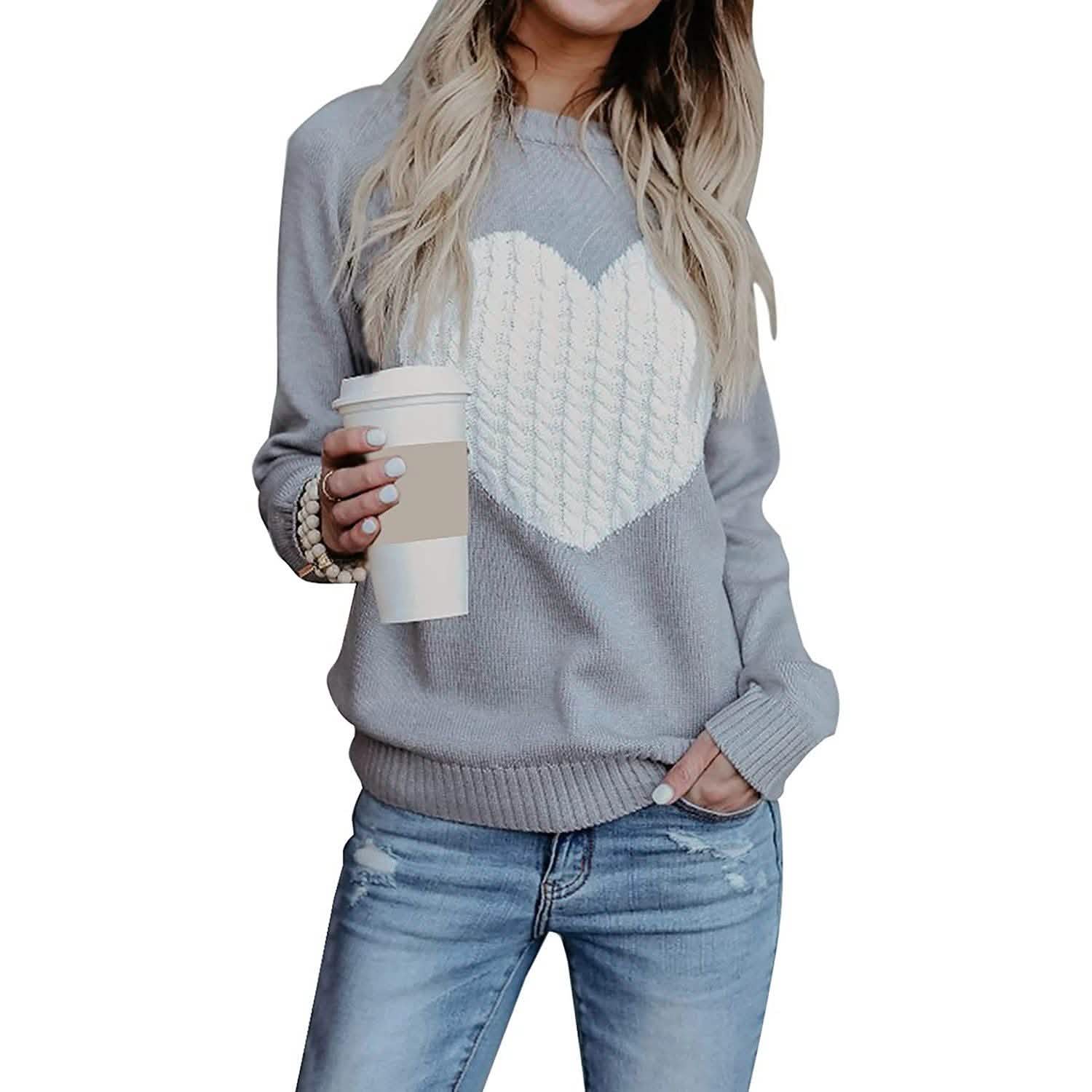 Women's Long Sleeve Crewneck Cute Heart Knitted Sweaters DailySale