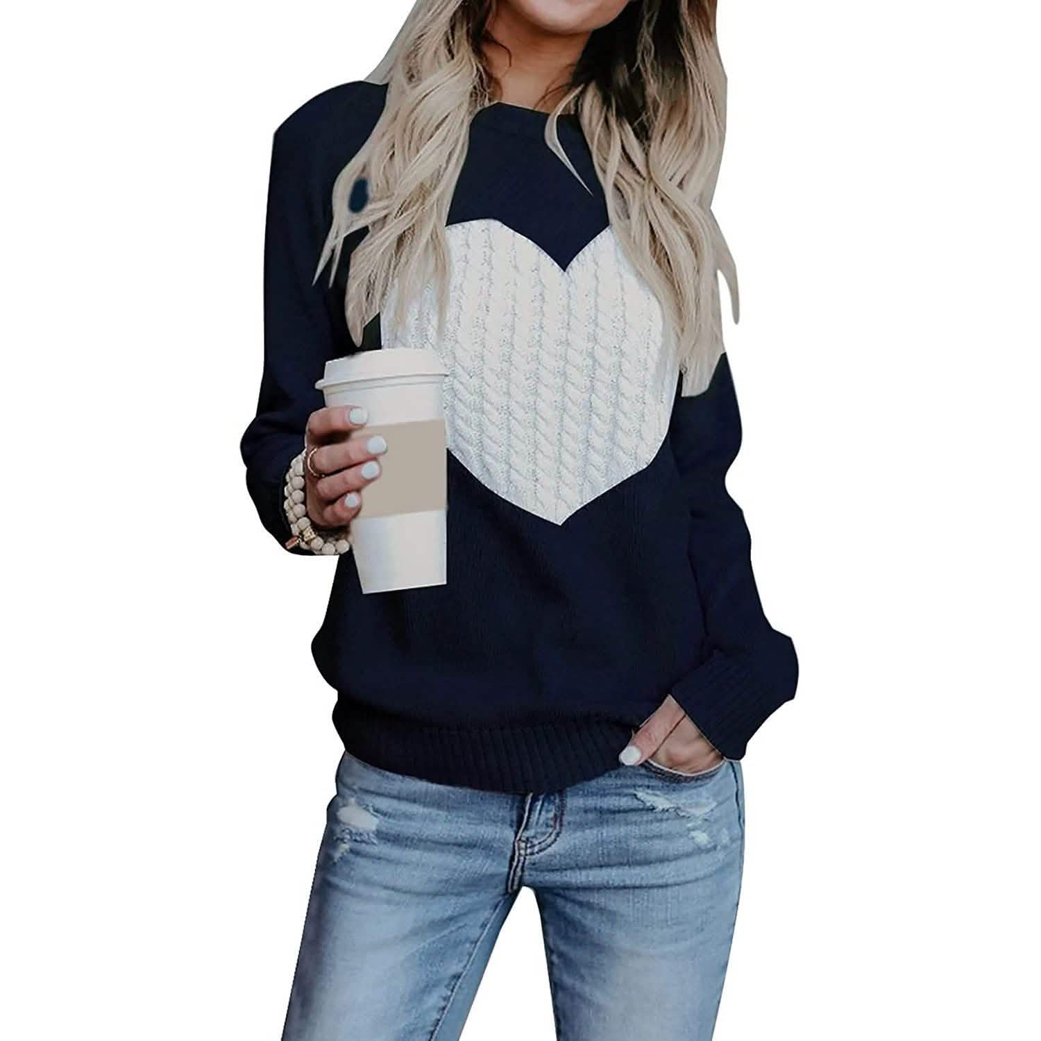 Women's Long Sleeve Crewneck Cute Heart Knitted Sweaters DailySale