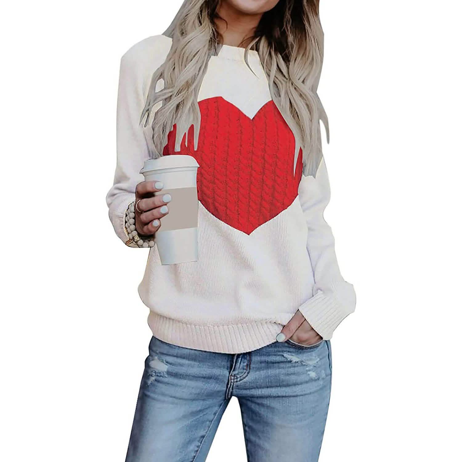Women's Long Sleeve Crewneck Cute Heart Knitted Sweaters DailySale