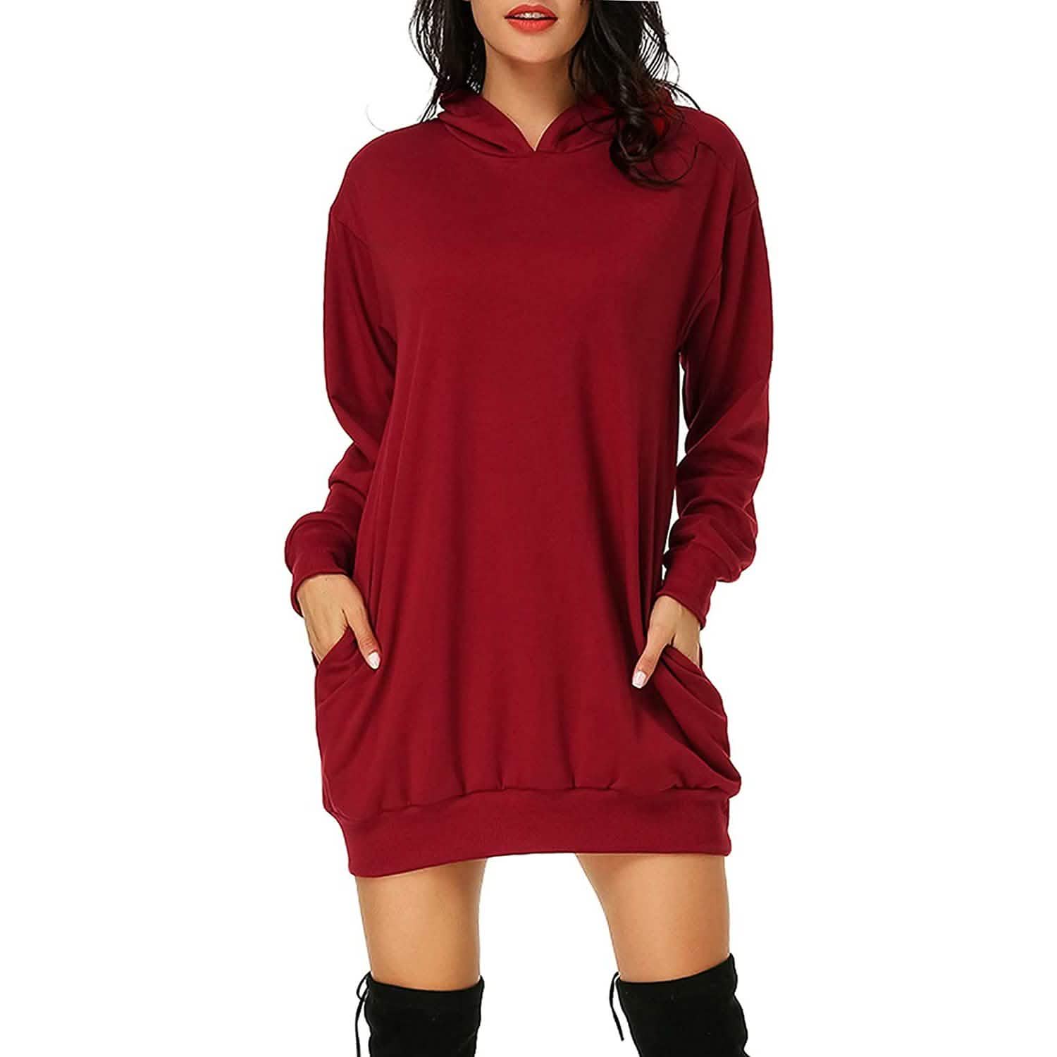 Women's Long Sleeve Hooded Pockets Pullover Hoodie Dress Tunic Sweatshirt DailySale