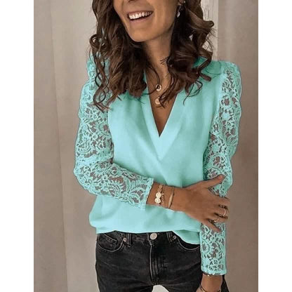 Women's Long Sleeve Lace Patchwork V Neck Top DailySale