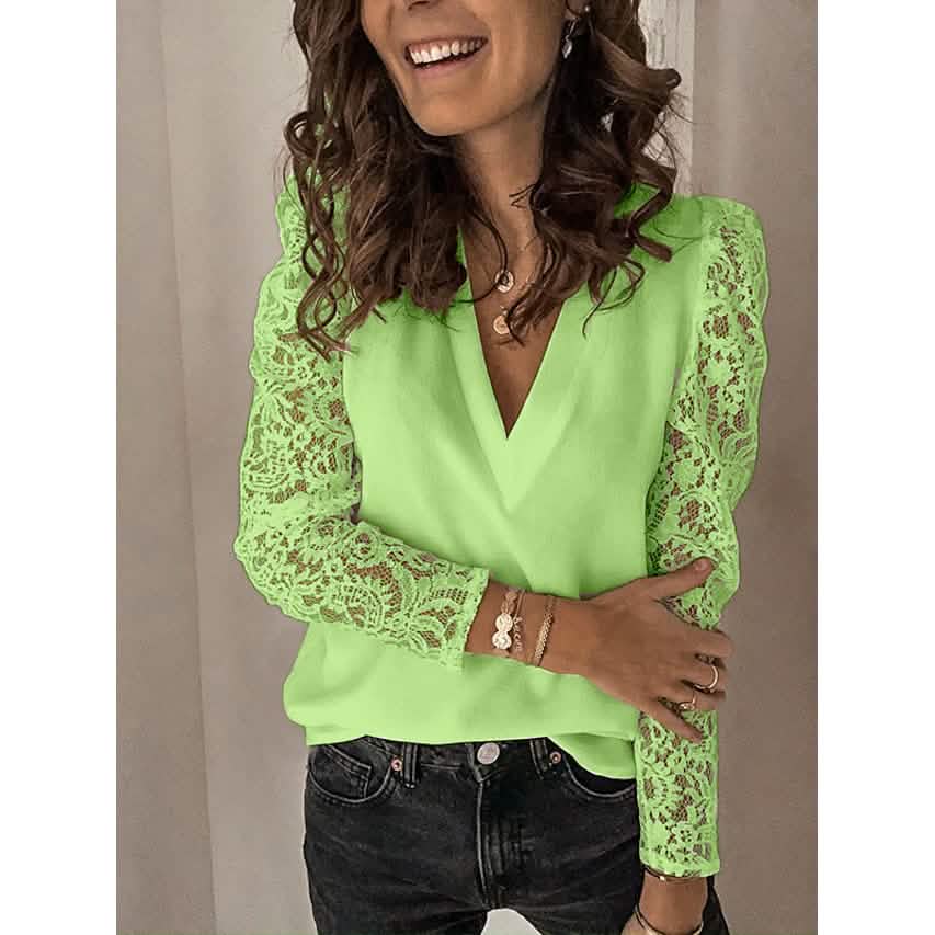 Women's Long Sleeve Lace Patchwork V Neck Top DailySale