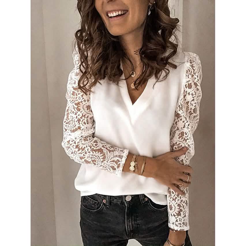 Women's Long Sleeve Lace Patchwork V Neck Top DailySale