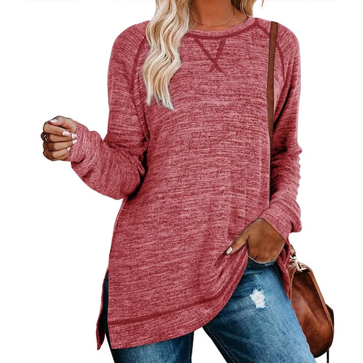 Women's Long Sleeve Loose Casual Autumn Pullover Side Slit Tunic Top DailySale