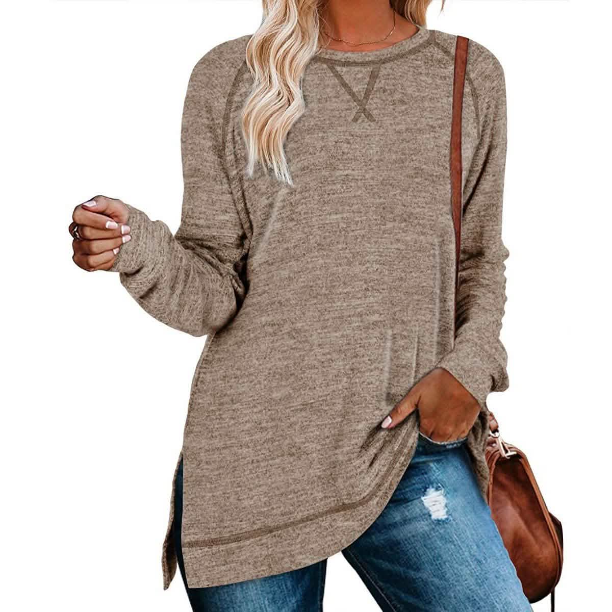 Women's Long Sleeve Loose Casual Autumn Pullover Side Slit Tunic Top DailySale