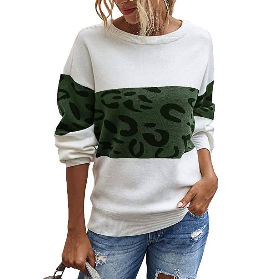 Women’s Long Sleeve Off Shoulder Knitted Leopard Print Sweater DailySale