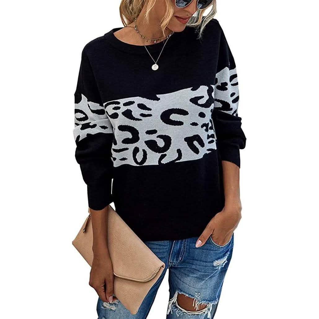 Women’s Long Sleeve Off Shoulder Knitted Leopard Print Sweater DailySale