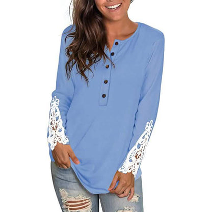 Women's Long Sleeve Solid Color Round Neck Lace Buttons Tunic Tops DailySale