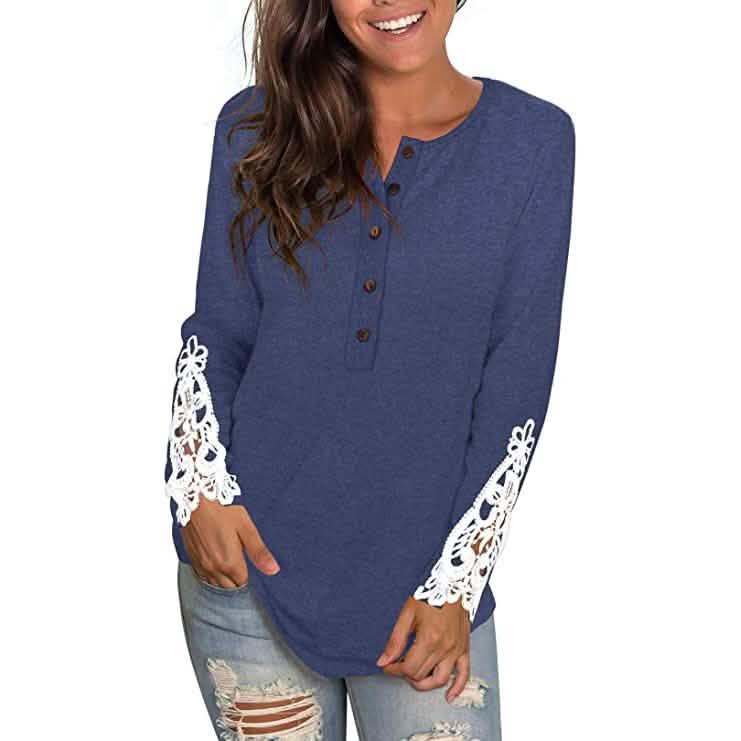 Women's Long Sleeve Solid Color Round Neck Lace Buttons Tunic Tops DailySale