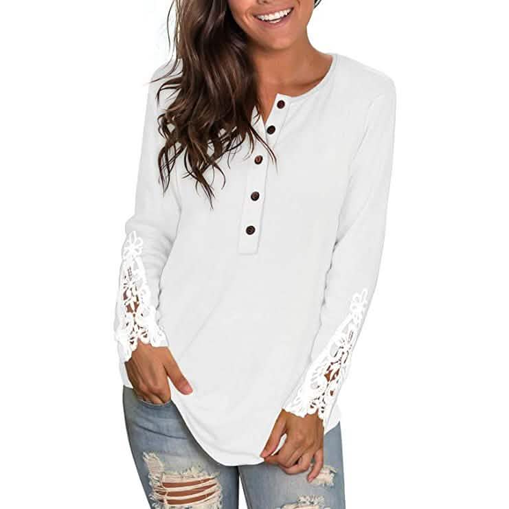 Women's Long Sleeve Solid Color Round Neck Lace Buttons Tunic Tops DailySale
