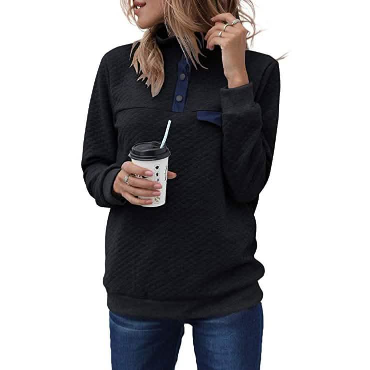 Women's Long Sleeve V Neck Button Quilted Patchwork Pullover Sweatshirt Tops DailySale