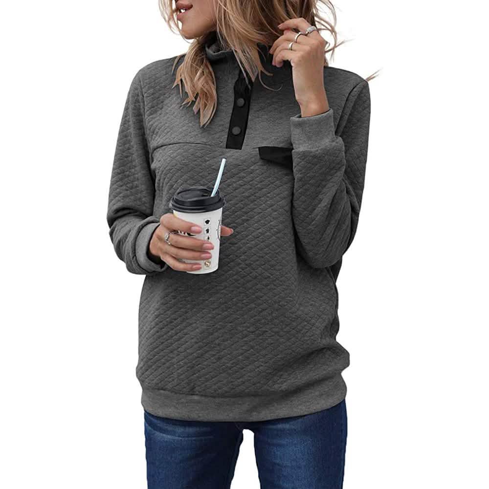 Women's Long Sleeve V Neck Button Quilted Patchwork Pullover Sweatshirt Tops DailySale