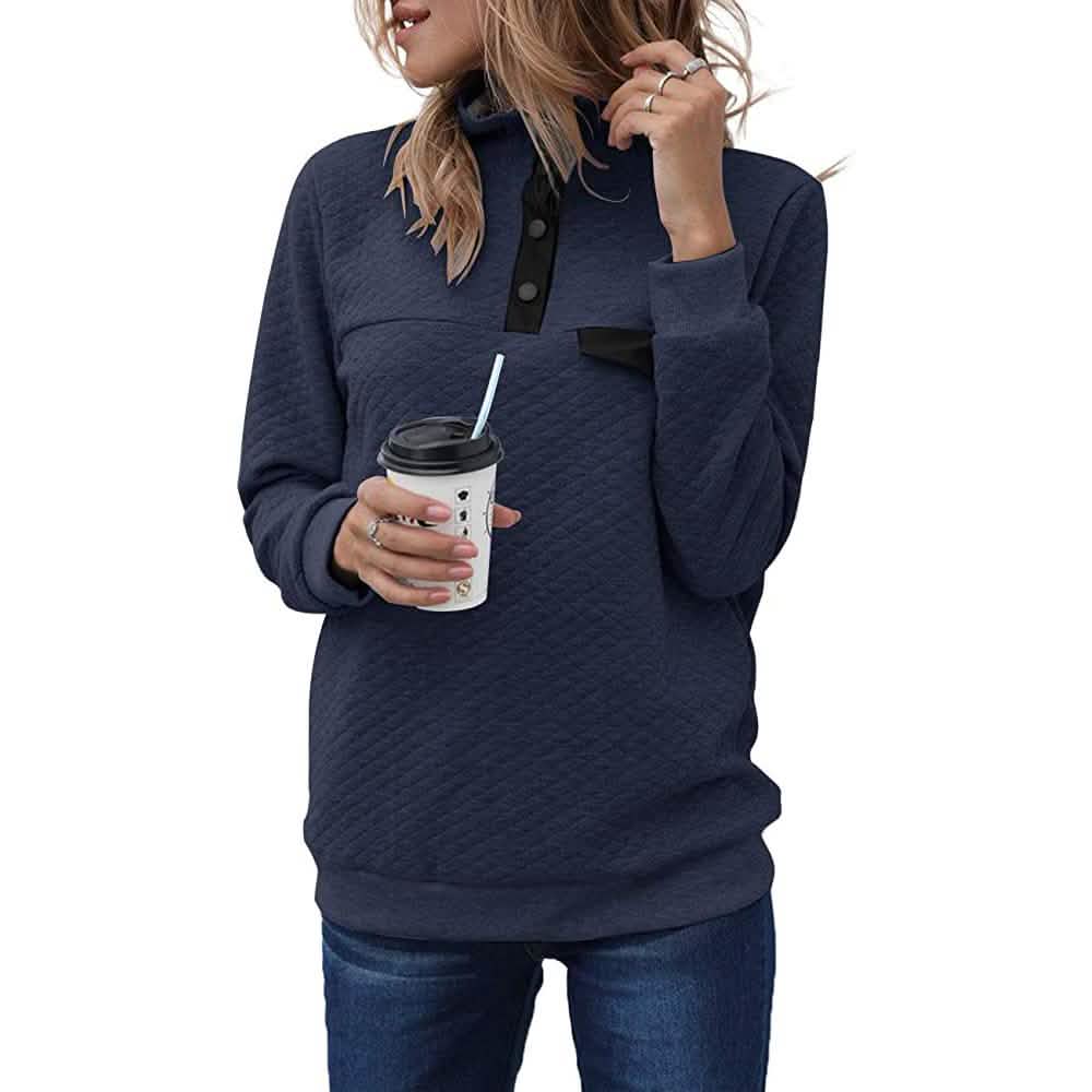 Women's Long Sleeve V Neck Button Quilted Patchwork Pullover Sweatshirt Tops DailySale