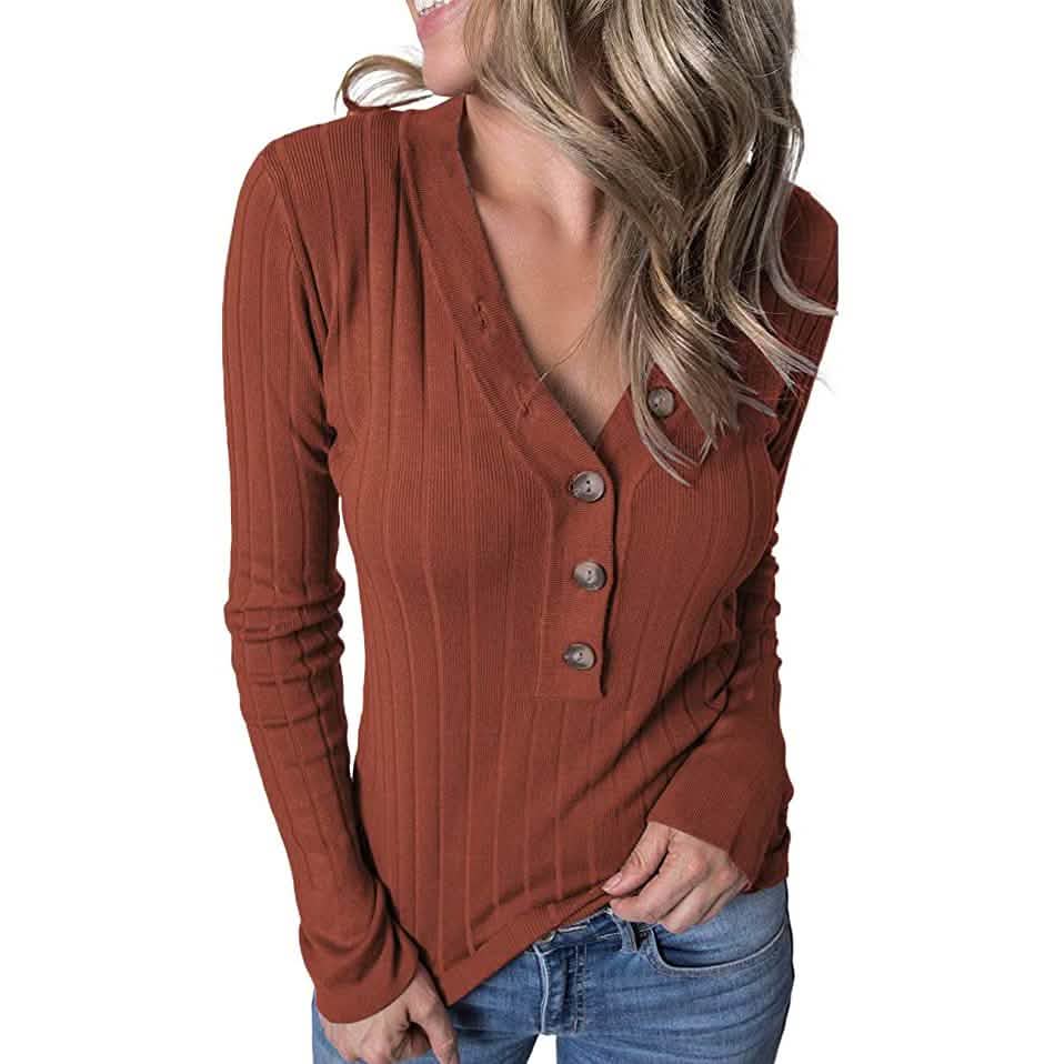 Women's Long Sleeve V Neck Ribbed Button Knit Sweater DailySale