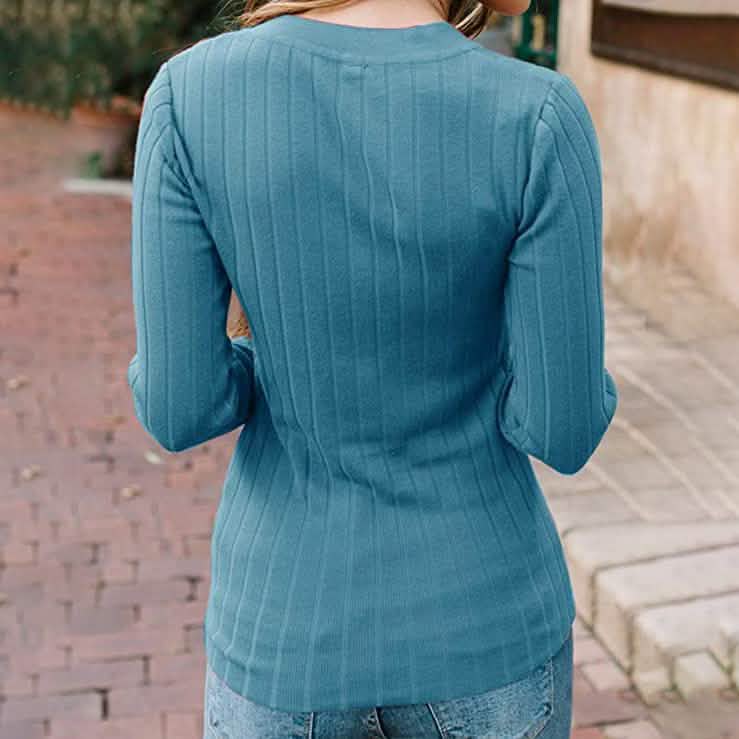 Women's Long Sleeve V Neck Ribbed Button Knit Sweater DailySale