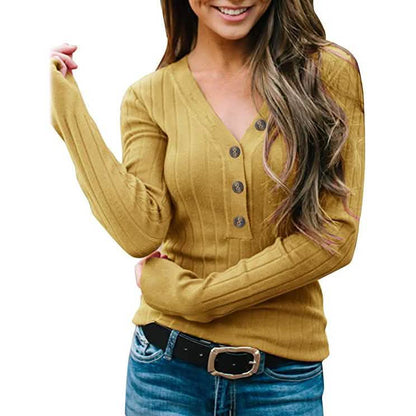Women's Long Sleeve V Neck Ribbed Button Knit Sweater DailySale