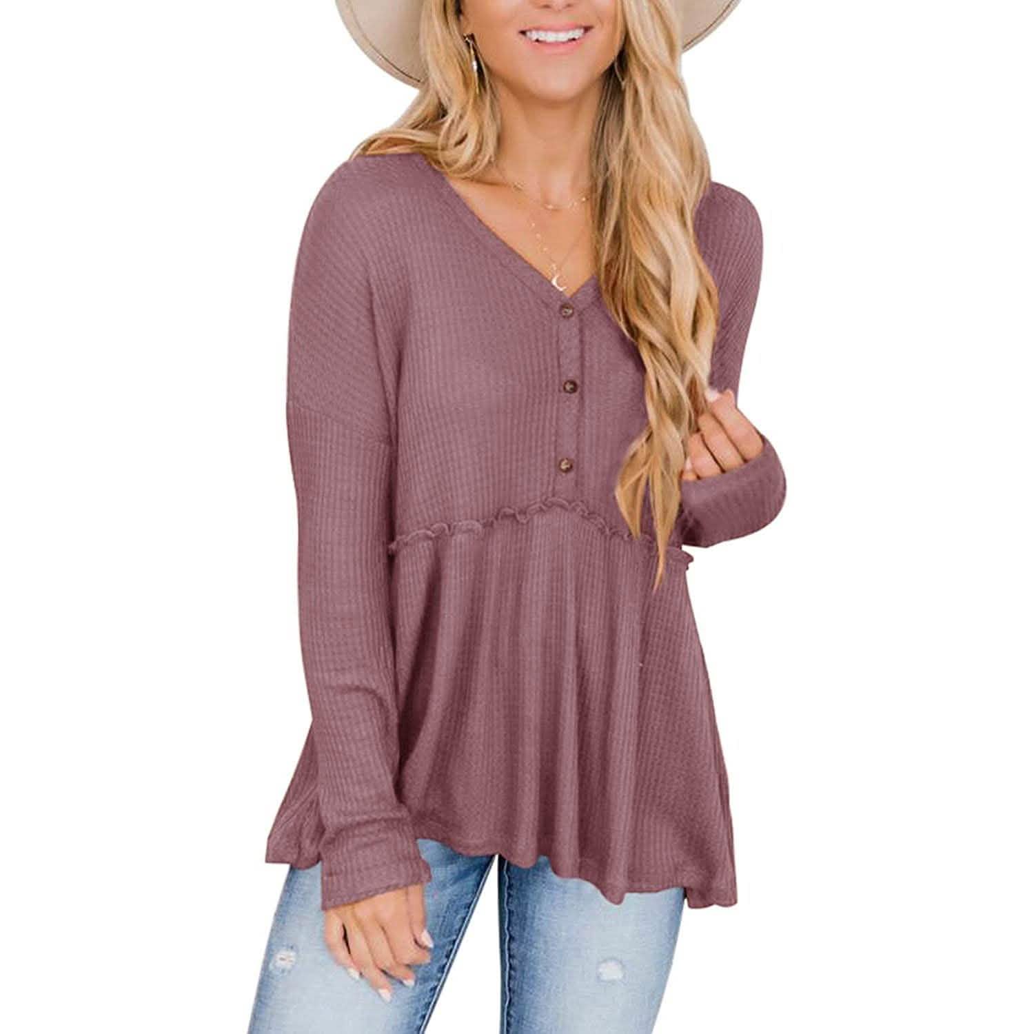 Women's Long Sleeve V Neck Ruffle Babydoll Tunic Tops DailySale