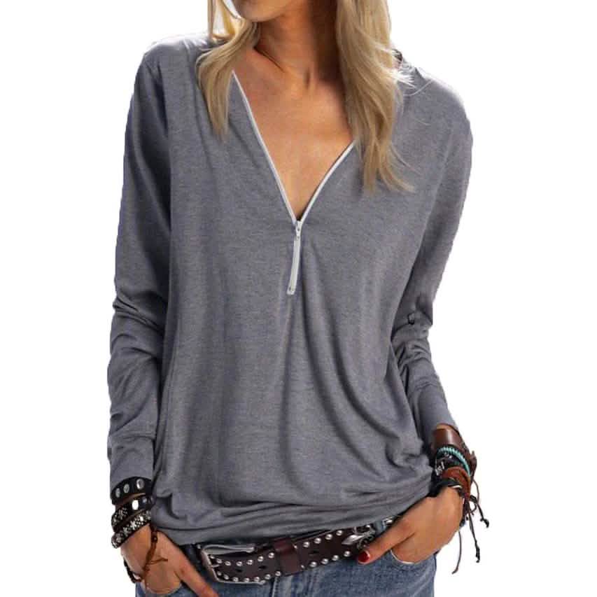 Women's Long Sleeve Zipper Quarter Zip V Neck Casual Top DailySale